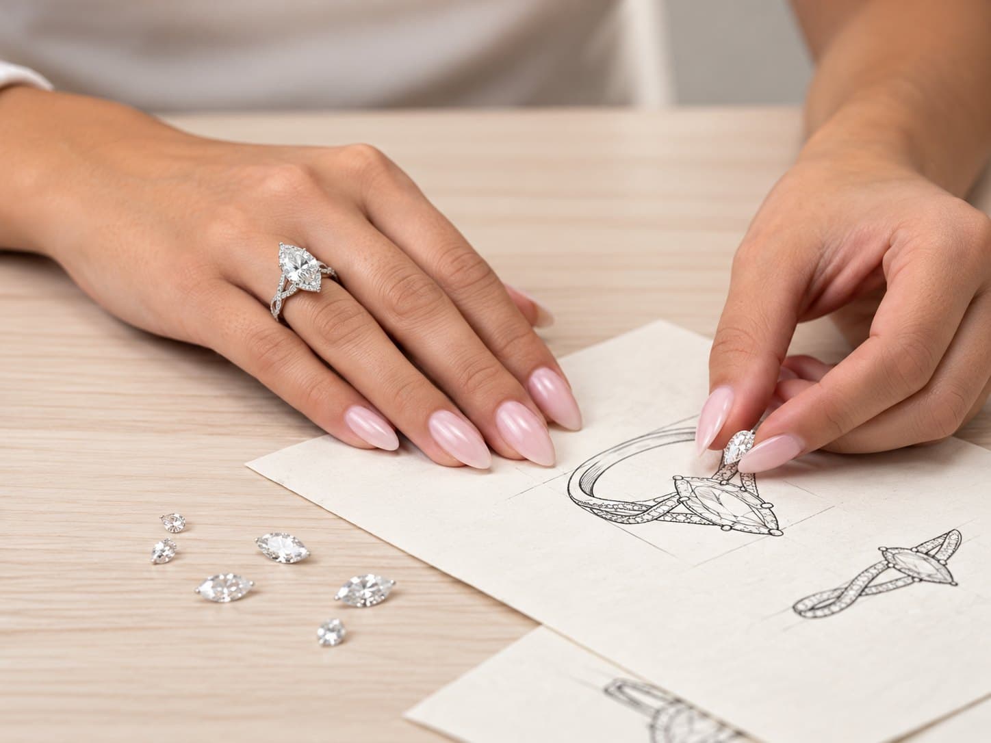 A jeweler and a client reviewing a marquise ring sketch and loose diamonds