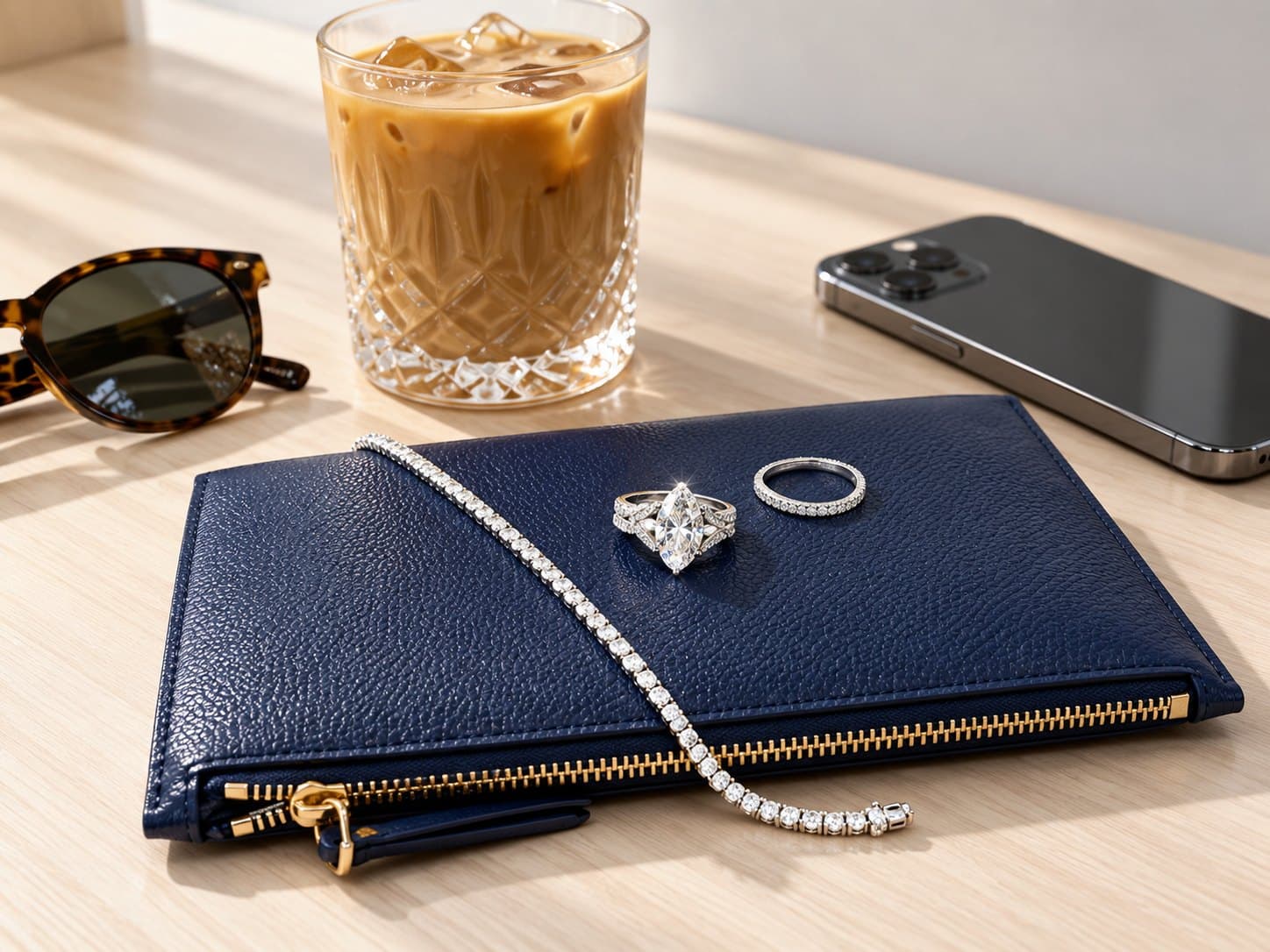 A marquise diamond ring and tennis bracelet on a navy leather pouch beside an iced coffee