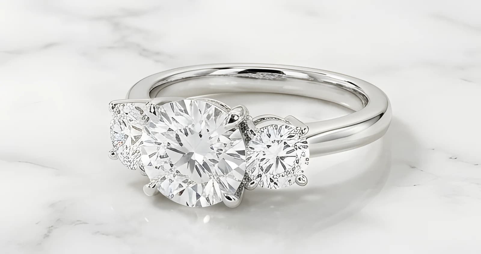 The Vesta three-stone ring in white gold, angled view on white marble