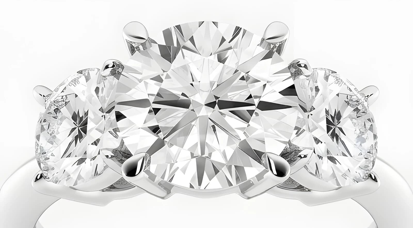 Close-up of The Vesta's round center diamond and matched side stones