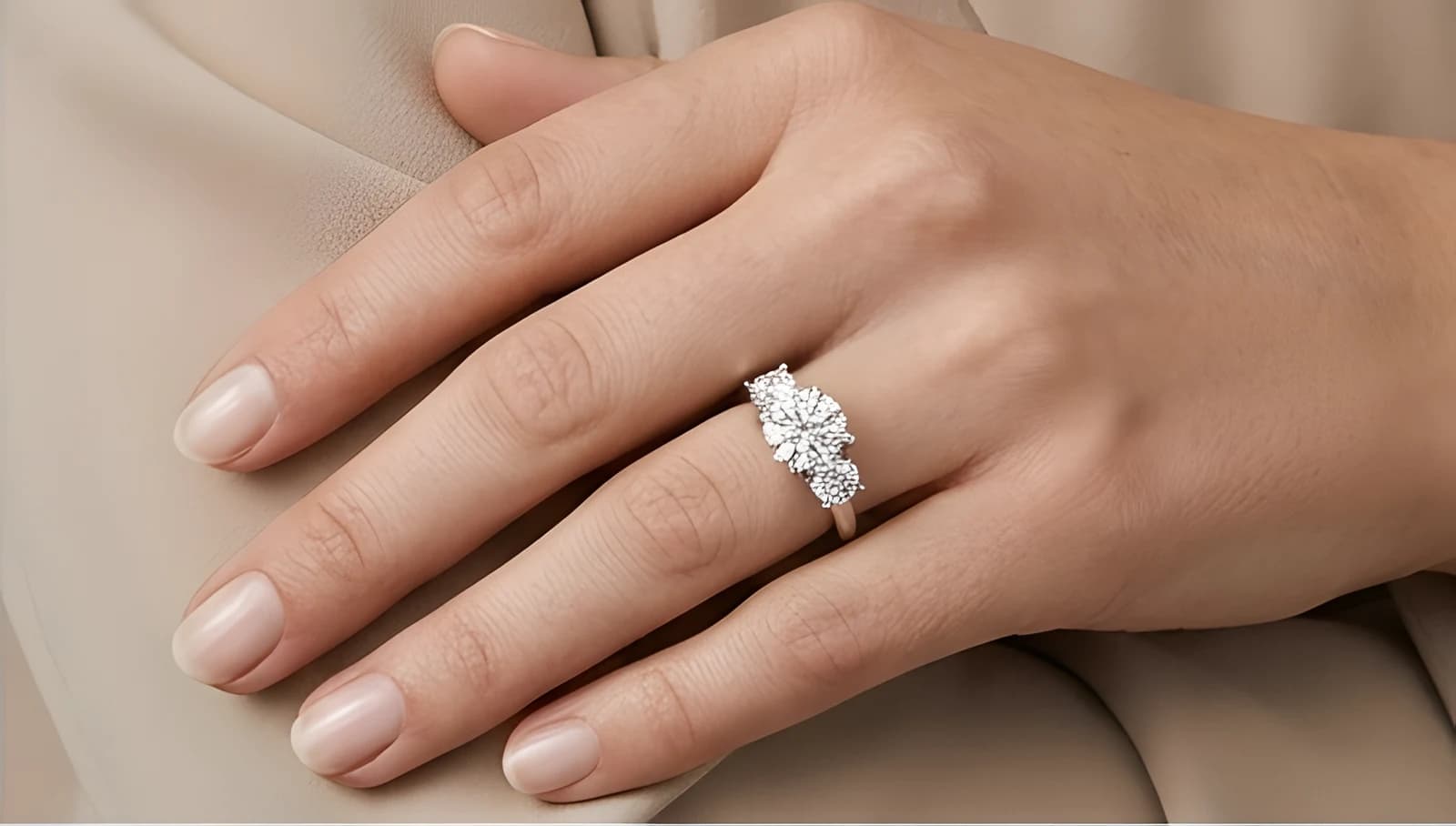 The Vesta three-stone ring in white gold worn on a woman's hand