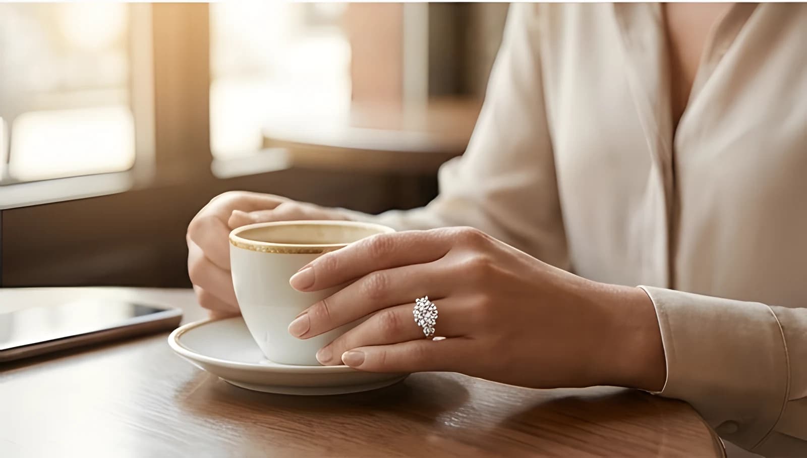 Woman holding a coffee cup, wearing The Vesta three-stone ring in white gold